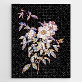 Floral White Rose of Snow Mosaic on Black Jigsaw Puzzle