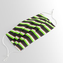 [ Thumbnail: Eyecatching Hot Pink, Brown, White, Chartreuse & Black Colored Pattern of Stripes Face Mask ]