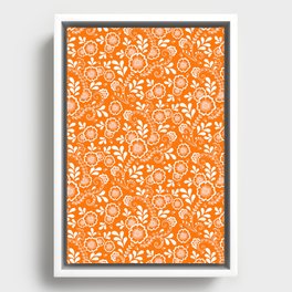 Orange And White Eastern Floral Pattern Framed Canvas