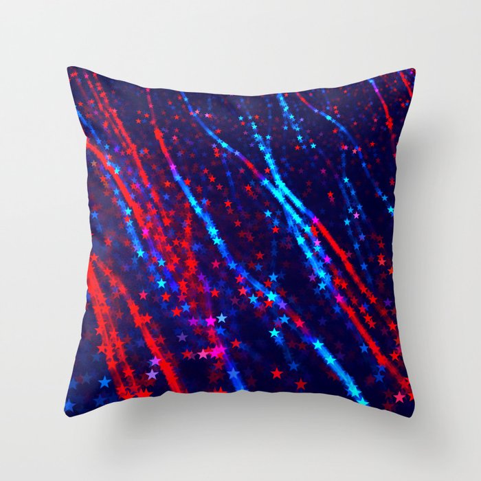 Red Blue Purple Stars Neon Glitter Confetti Colorful Pattern Fourth of July Presidents Day Fractal Throw Pillow