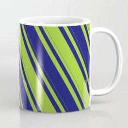 [ Thumbnail: Midnight Blue & Green Colored Lines Pattern Coffee Mug ]