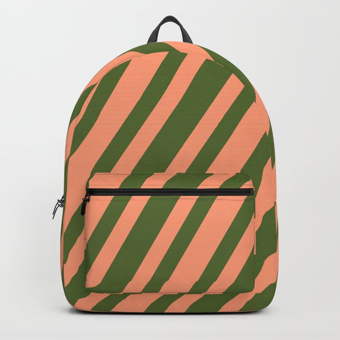 Dark Olive Green & Light Salmon Colored Lines Pattern Backpack
