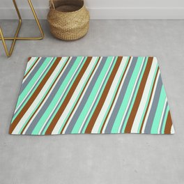 [ Thumbnail: Light Slate Gray, Aquamarine, Brown & Mint Cream Colored Stripes/Lines Pattern Rug ]