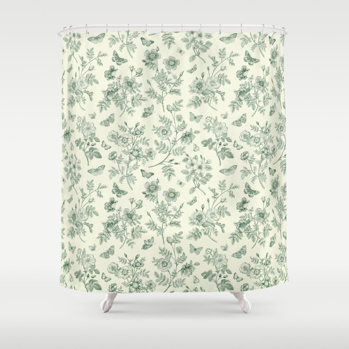 Toile de Jouy Wild Roses & Butterflies Forest Green Floral Shower Curtain
