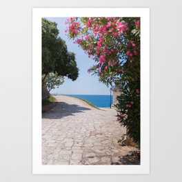 The path to the Adriatic Sea | Mediterranean sea view with oleander flowers | Colorful Rovinj in Croatia Art Print