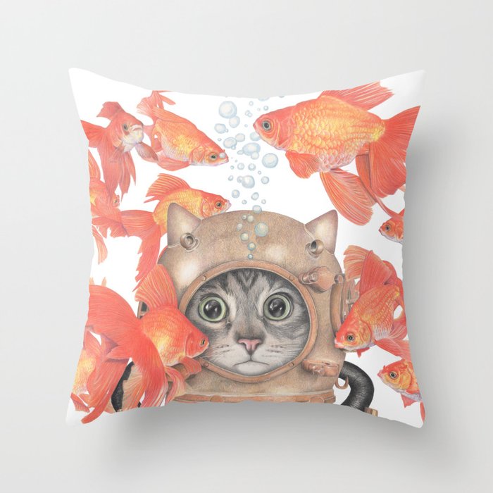 Scuba Cat Among the Fishes Throw Pillow