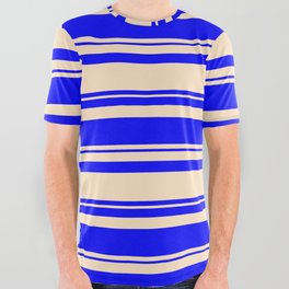 [ Thumbnail: Bisque and Blue Colored Lined/Striped Pattern All Over Graphic Tee ]