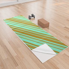 [ Thumbnail: Aquamarine and Dark Goldenrod Colored Lined/Striped Pattern Yoga Towel ]