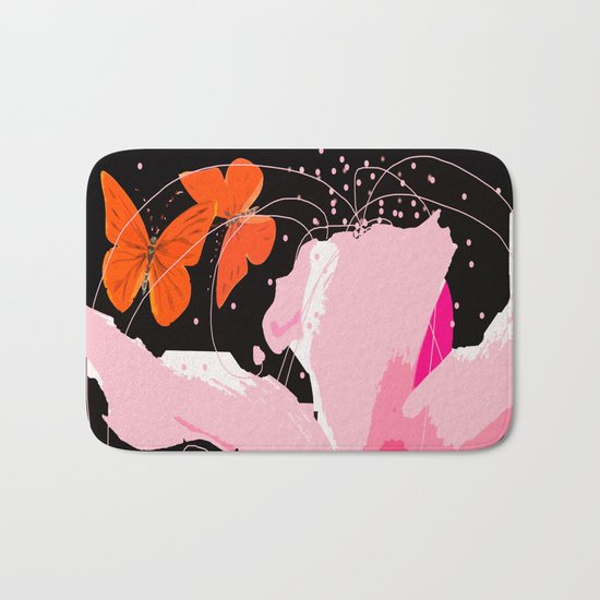 Creativity play - butterflies and flowers on a black background Bath Mat
