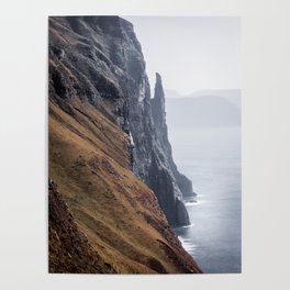 Dramatic cliff and sea Faroe Island photography | Adventure Vágar sharp tall monolith Witches Finger Poster