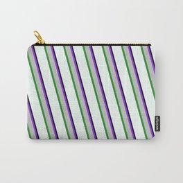 [ Thumbnail: Eye-catching Purple, Grey, Forest Green, Mint Cream, and Black Colored Lined/Striped Pattern Carry-All Pouch ]