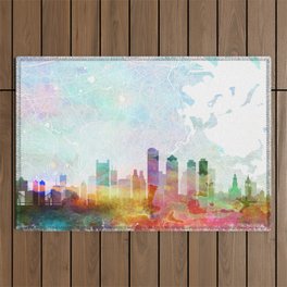 Boston Skyline & Map Watercolor, Print by Zouzounio Art Outdoor Rug