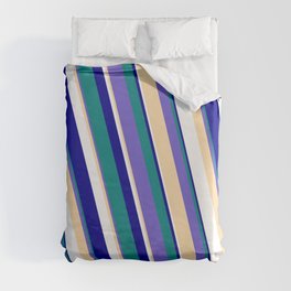 [ Thumbnail: Eyecatching Teal, Slate Blue, Tan, White, and Dark Blue Colored Stripes Pattern Duvet Cover ]