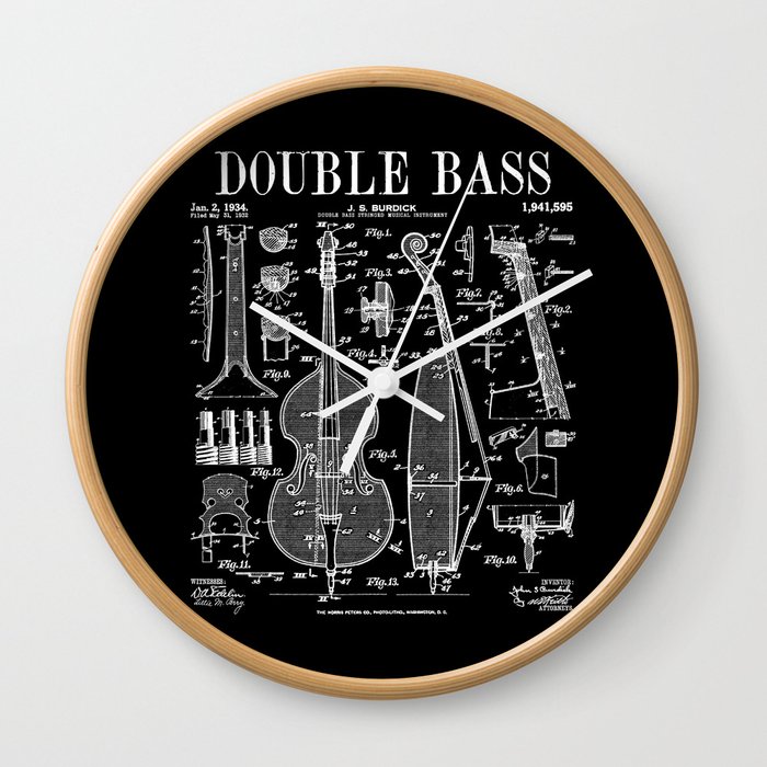 Double Bass Player Bassist Musical Instrument Vintage Patent Wall Clock