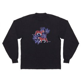 Tigers in a tiger lily garden // textured navy blue background coral wild animals very peri flowers Long Sleeve T-shirt