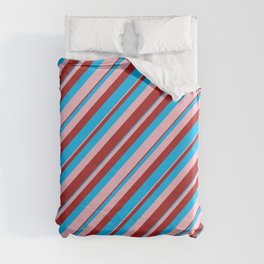 [ Thumbnail: Deep Sky Blue, Pink, and Red Colored Lined/Striped Pattern Duvet Cover ]