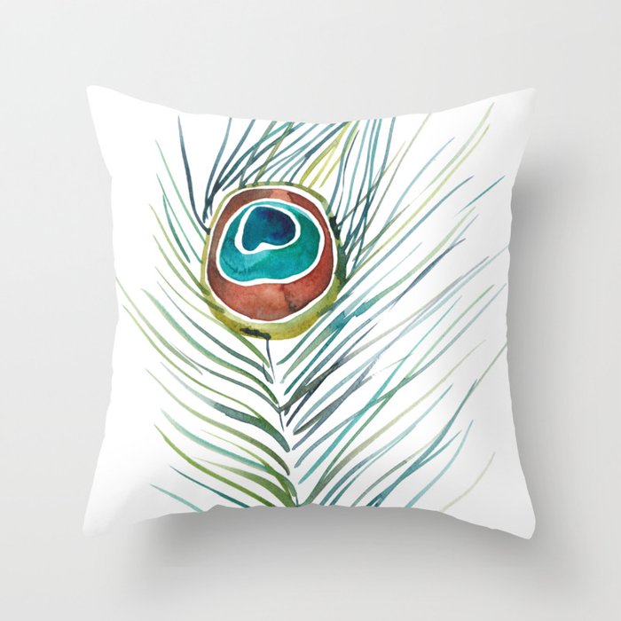 Peacock Tail Feather – Watercolor Throw Pillow