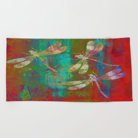 Colorful Dragonflies Beach Towel