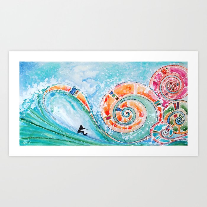 Wahine Surfing Big Rainbow Wave Art Print