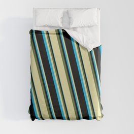 [ Thumbnail: Dark Olive Green, Pale Goldenrod, Deep Sky Blue, and Black Colored Pattern of Stripes Duvet Cover ]
