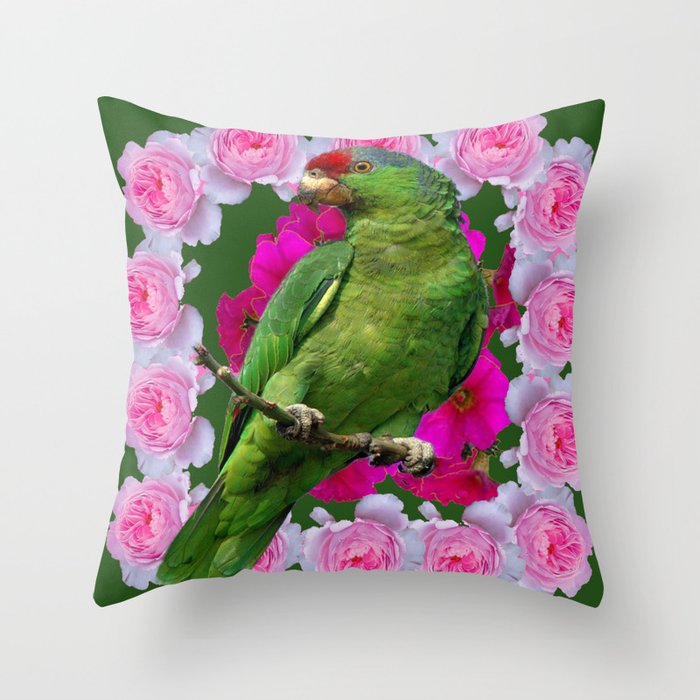 DECORATIVE GREEN MACAW PARROT IN PINK ROSE WREATH Throw Pillow