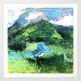 Gunnison: a vibrant acrylic mountain landscape in greens, blues, and a splash of pink Art Print