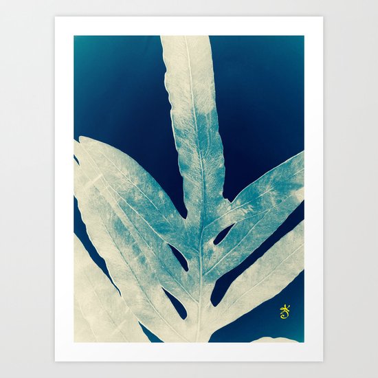 Green Fern at Midnight Bright, Navy Blue Art Print
