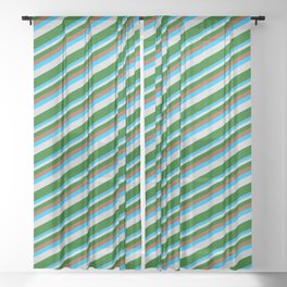 [ Thumbnail: Sienna, Deep Sky Blue, Light Gray & Dark Green Colored Lined/Striped Pattern Sheer Curtain ]