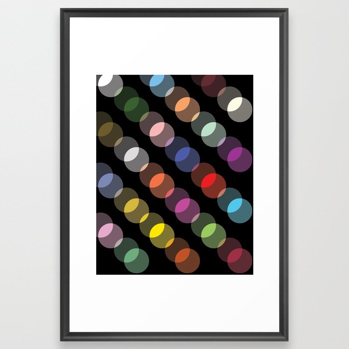 Double-Vision Multicolored Polka Dots over Black Background Framed Art Print