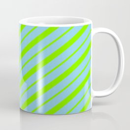 [ Thumbnail: Sky Blue & Green Colored Striped/Lined Pattern Coffee Mug ]