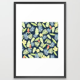 Tropical Leaves with Bromeliad and Hibiscus on Navy Framed Art Print