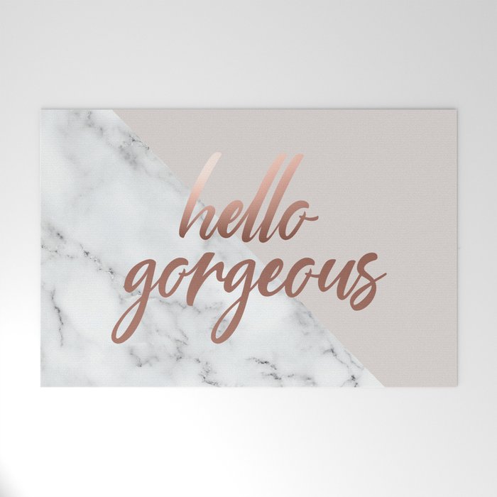 Hello Gorgeous, Rose Gold, Pink, Marble Welcome Mat
