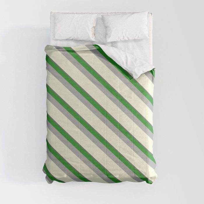 Dim Grey, Forest Green, Dark Gray & Beige Colored Pattern of Stripes Comforter