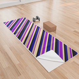 [ Thumbnail: Eyecatching Beige, Dark Violet, Tan, Dark Blue & Black Colored Stripes/Lines Pattern Yoga Towel ]