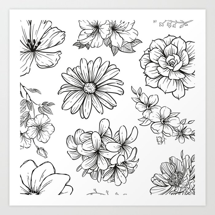 Flower Pattern Black and White Floral Art Print