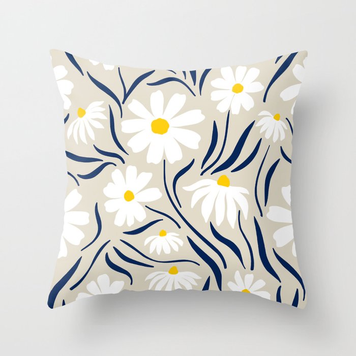 Harper Floral Prints, Ivory, Yellow Navy Blue Throw Pillow