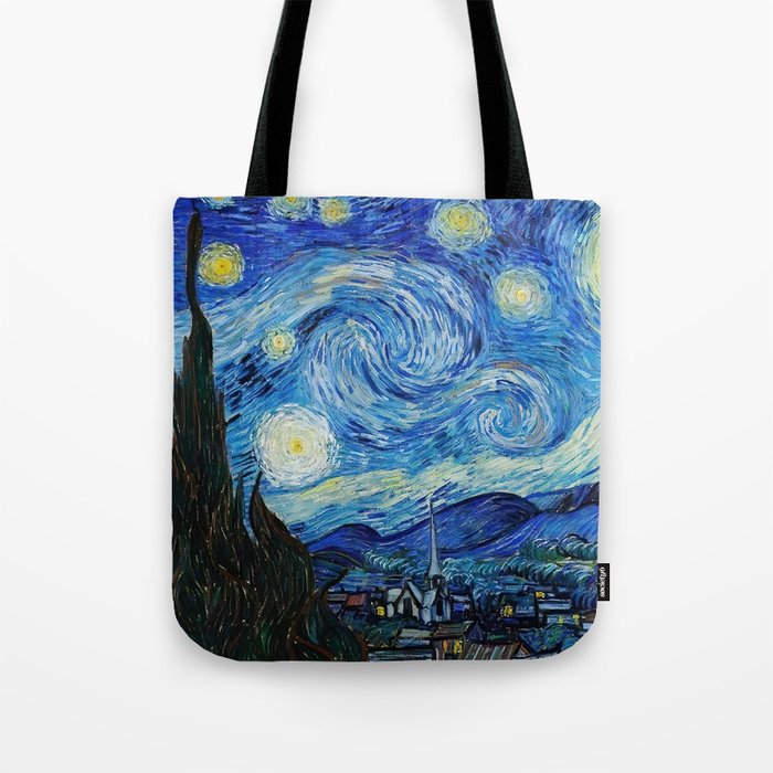 The Starry Night - La Nuit étoilée oil-on-canvas post-impressionist landscape masterpiece painting in original blue and yellow by Vincent van Gogh Tote Bag
