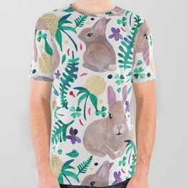 Spring Rabbits with Gold Clover All Over Graphic Tee