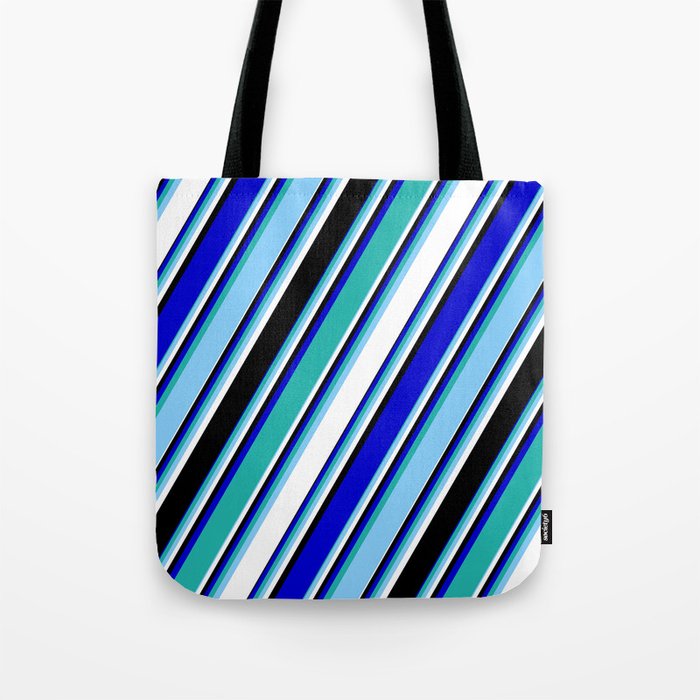 Vibrant Blue, Light Sea Green, Light Sky Blue, White & Black Colored Lines/Stripes Pattern Tote Bag