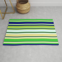 [ Thumbnail: Vibrant Green, Light Cyan, Tan, Lime Green & Blue Colored Stripes/Lines Pattern Rug ]
