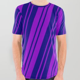 [ Thumbnail: Dark Violet and Blue Colored Pattern of Stripes All Over Graphic Tee ]
