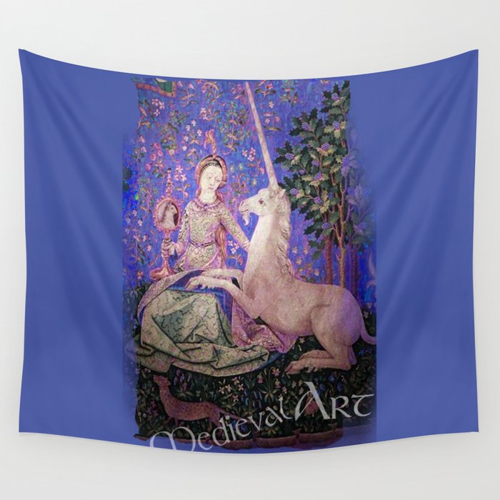 Medieval Art Lady and the Unicorn in Intense Blue Wall Tapestry