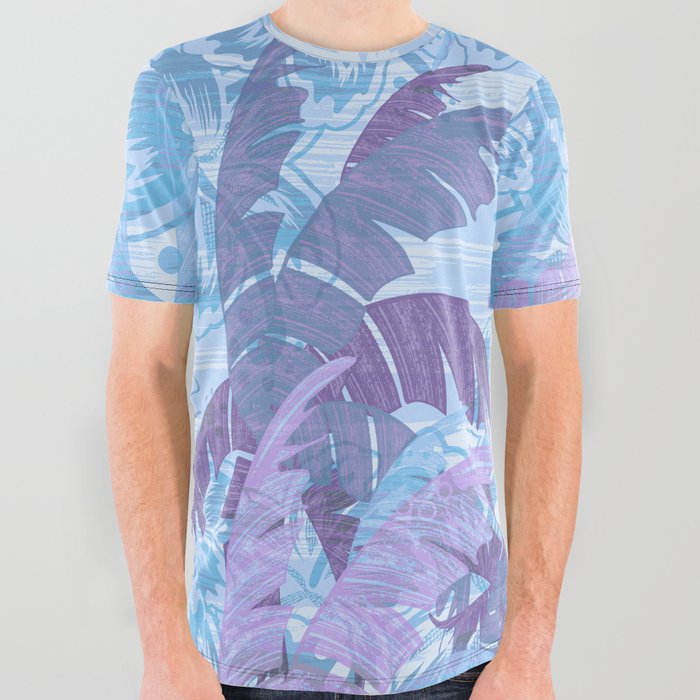 Polynesian Palm Trees And Hibiscus Blue Haze Abstract All Over Graphic Tee