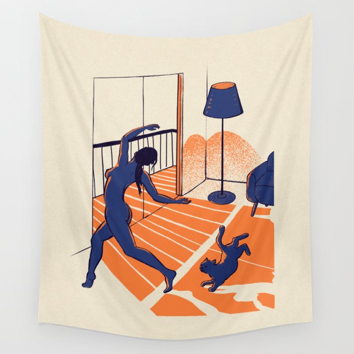 Dancing with the cat | Moody sunset light and shadows | Aesthetic room | Naked dance | Femme Fatale | Sunlight | Alone at Home Again | Balcony | Quarantine Pawfect Buddies Wall Tapestry