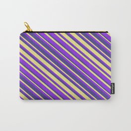 [ Thumbnail: Purple, Dark Slate Blue, and Tan Colored Striped Pattern Carry-All Pouch ]