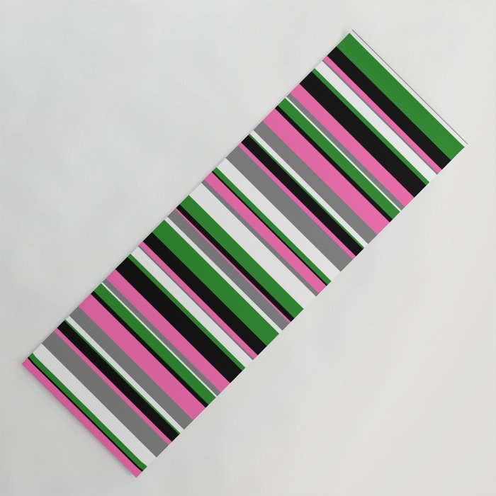Eyecatching Black, Hot Pink, Gray, White, and Forest Green Colored Stripes/Lines Pattern Yoga Mat