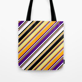 [ Thumbnail: Vibrant Tan, Orange, Indigo, White, and Black Colored Lines/Stripes Pattern Tote Bag ]