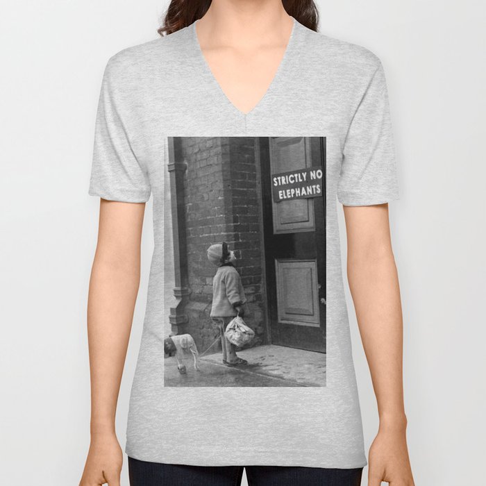 'Strictly No Elephants' vintage humorous child verses the world black and white photograph / black and white photography V Neck T Shirt