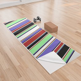 [ Thumbnail: Vibrant Green, Red, White, Black & Slate Blue Colored Lined Pattern Yoga Towel ]