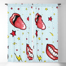 Seamless pattern cartoon comic super speech bubble labels with text, sexy open red lips with teeth, retro pop art illustration, halftone dot vintage effect background Blackout Curtain